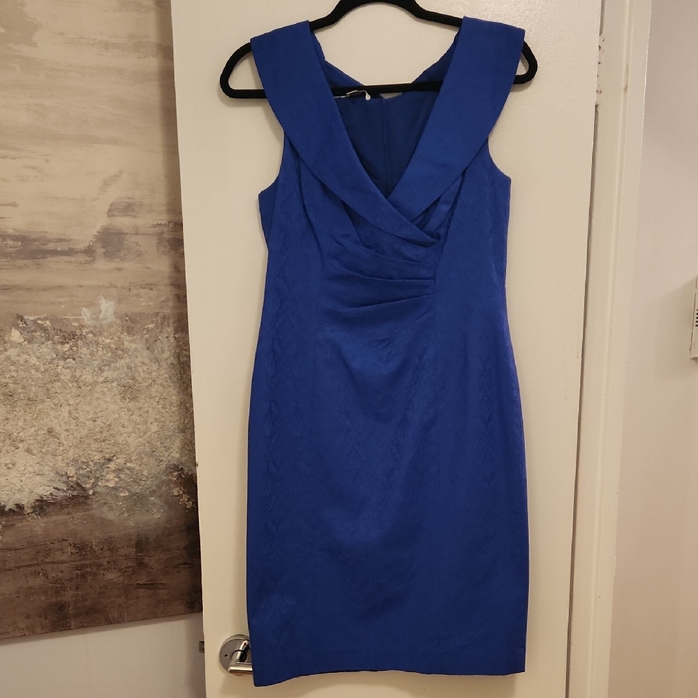 Kay Unger Cobalt Blue V-Neck Midi Sheath Dress